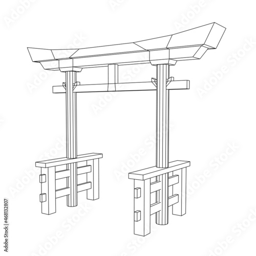 Torii sacred traditional gate. Symbol of Japan,shintoism religion. Japanese Tori arch ancient entrance. Wireframe low poly mesh vector illustration