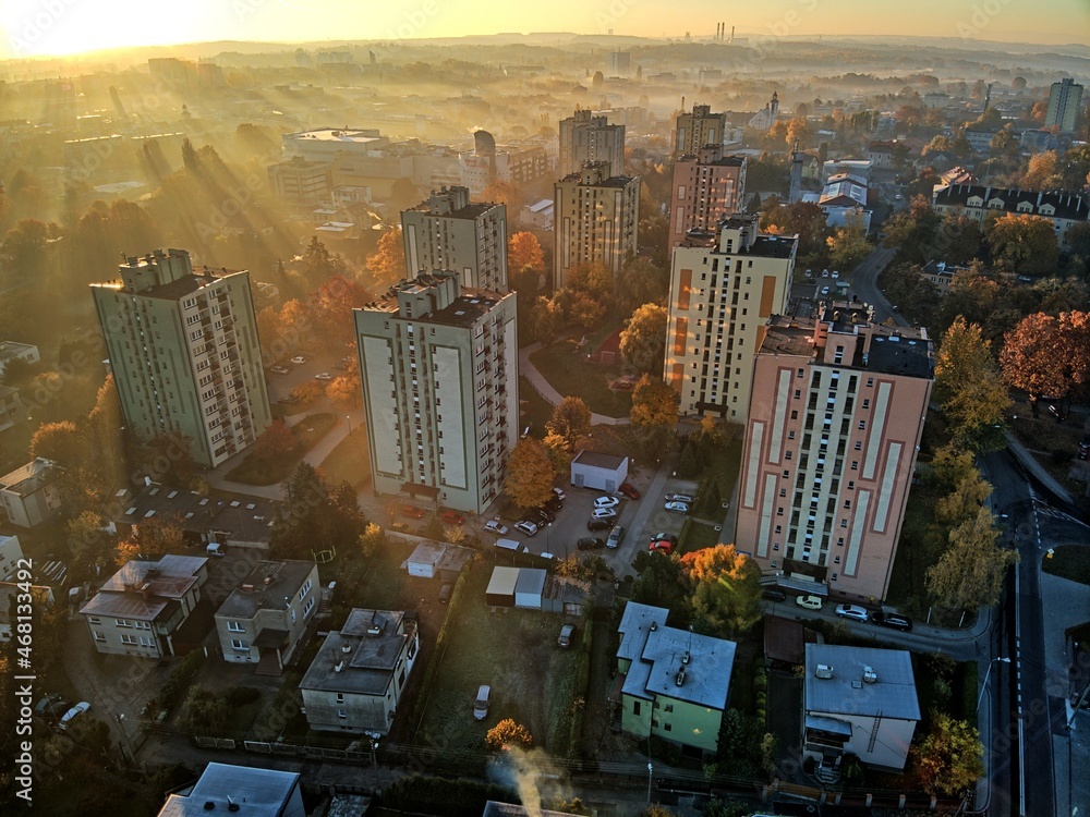 autumn sunrise over a housing estate in Rybnik, Poland