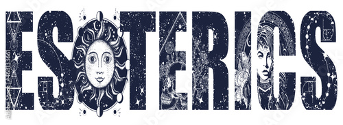 Esoteric slogan. Medieval occult sun. Alchemy sacred geometry. Gothic witch woman, skull. Lettering art. Double exposure print. Black and white surreal graphic. Symbol of astrology and tarot