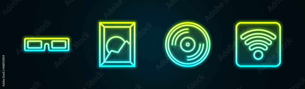 Set line Cinema glasses, Picture landscape, Vinyl disk and Wi-Fi wireless internet network. Glowing neon icon. Vector Set line Cinema glasses, Picture landscape, Vinyl disk and Wi-Fi wireless internet network. Glowing neon icon. Vector