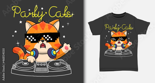 Cool cat disc jockey cartoon.  with t-shirt design.