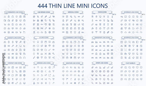 444 vector thin line mini icons set. Thin line simple outline icons, 24x24px grid. Pixel Perfect. Editable stroke.