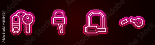 Set line House with key, Lock picks for lock picking, Bicycle and Broken. Glowing neon icon. Vector