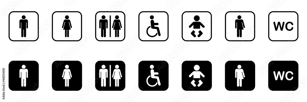 Set of Toilet Silhouette Icon. Collection of Symbols Restroom. Mother and Baby Room. Sign of Washroom for Male, Female, Transgender, Disabled. WC Sign on Door for Public Toilet. Vector Illustration Set of Toilet Silhouette Icon. Collection of Symbols Restroom. Mother and Baby Room. Sign of Washroom for Male, Female, Transgender, Disabled. WC Sign on Door for Public Toilet. Vector Illustration