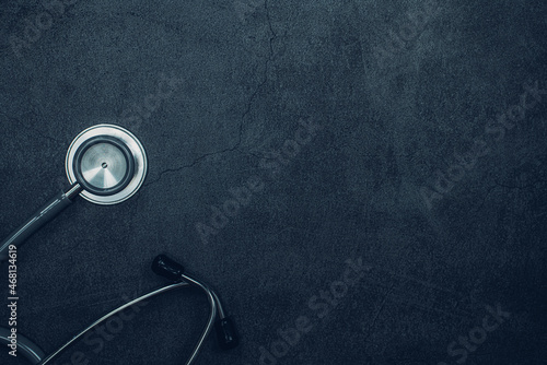 Closeup Stethoscope on black background with copy space, Health concept.