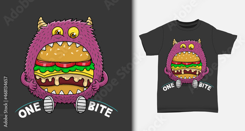 Cute monster eating burger cartoon. with t-shirt design.