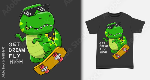 Cool dinosaur playing skateboard. with t-shirt design.