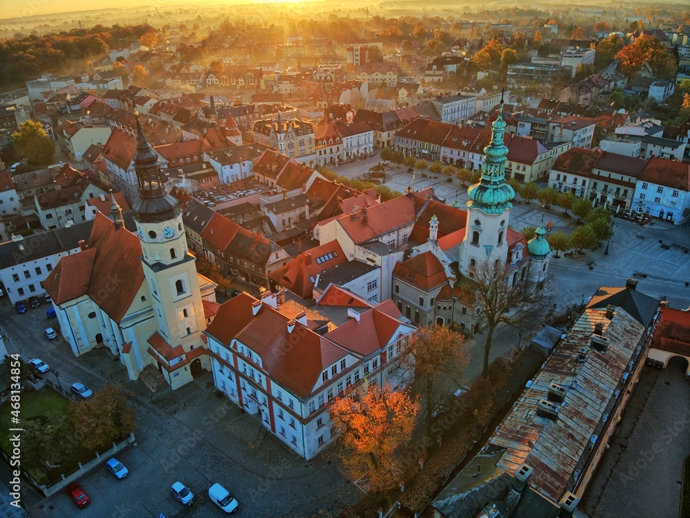 sunrise over the park and the palace in Pszczyna on an autumn morning