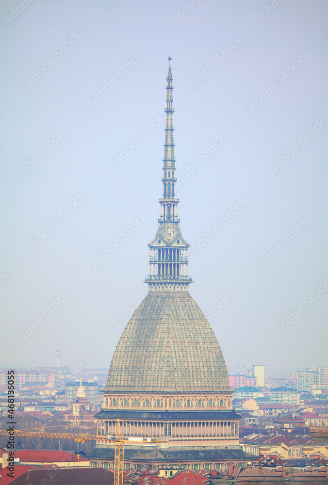 Mole Antonelliana Dome symbol of Turin . Landmark building in Torino Italy . Architectural tower with observation deck