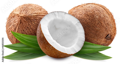 Coconute isolated on white background. Coconute and leaf macro studio photo. Coconute clipping path.