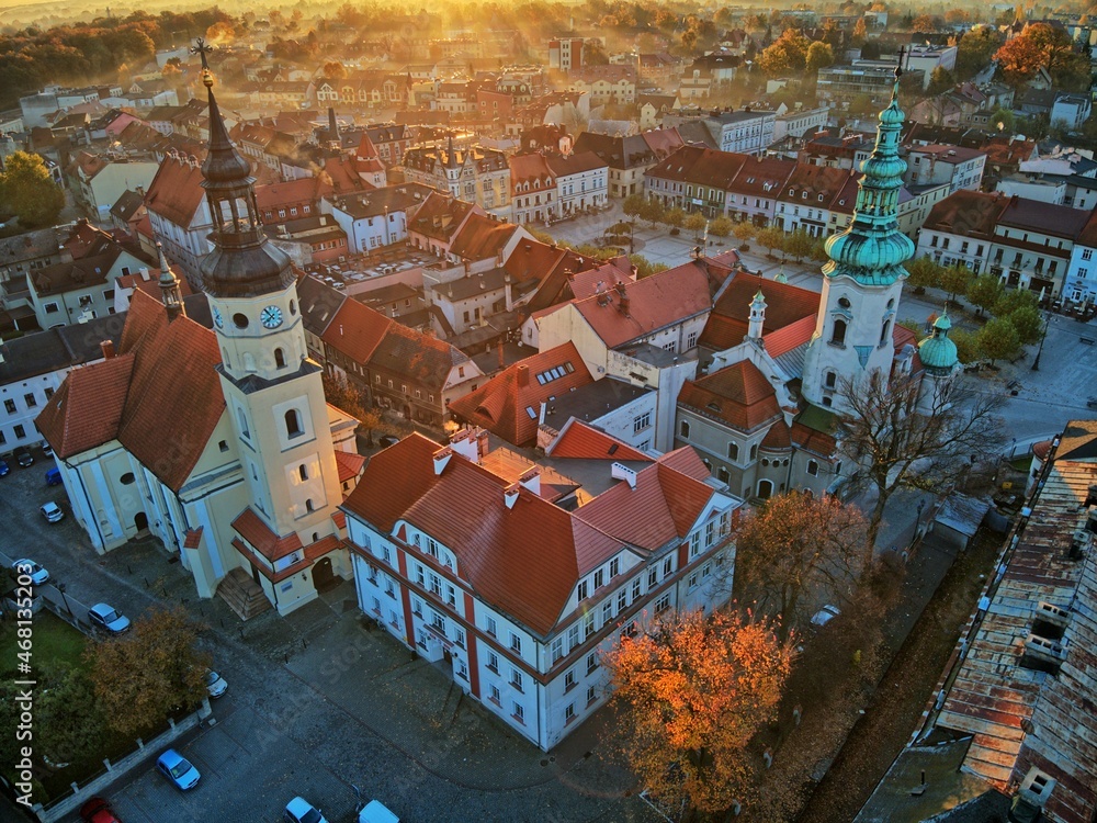 sunrise over the park and the palace in Pszczyna on an autumn morning