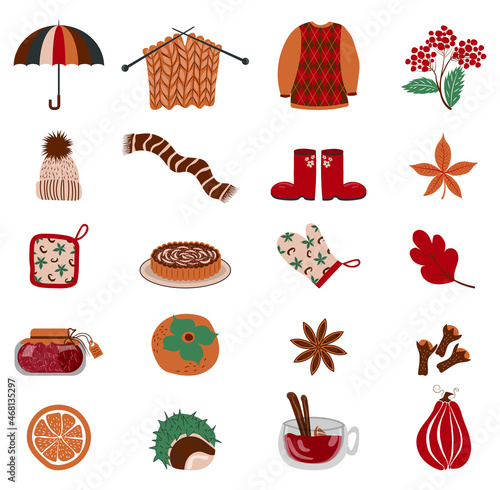 Set of autumn things, seasonal food and drinks