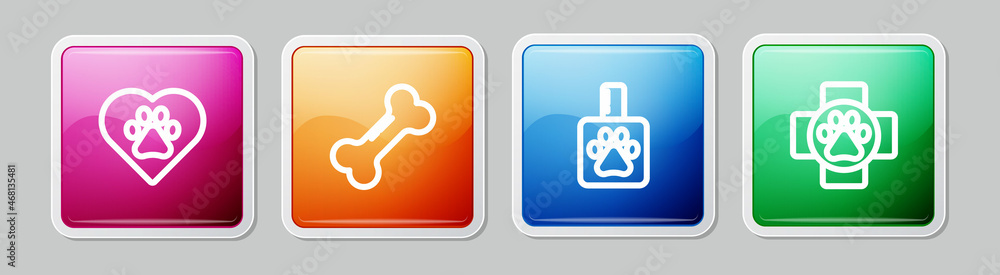 Set line Heart with animals footprint, Dog bone, Pet shampoo and Veterinary clinic. Colorful square button. Vector Set line Heart with animals footprint, Dog bone, Pet shampoo and Veterinary clinic. Colorful square button. Vector