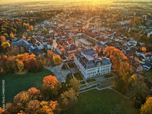 sunrise over the park and the palace in Pszczyna on an autumn morning