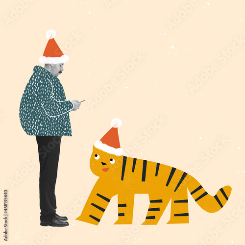 Contemporarty art collage of man in winter jacket and holiday hat standing near drawn tiger isolated over peach background. New Year concept photo