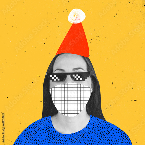 Contemporarty art collage of woman in red holiday hat, face protective mask and pixel glasses isolated over yellow background. New Year concept photo