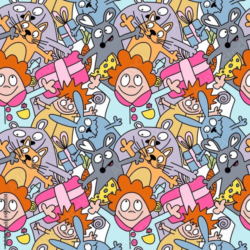 Doodle kids seamless pattern with animals and people for packaging and fabrics 