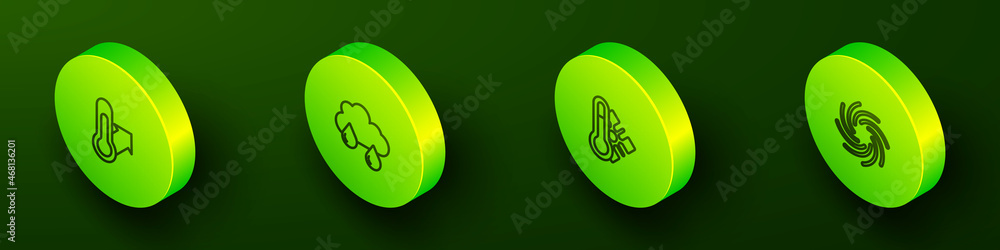 Set Isometric line Meteorology thermometer, Cloud with rain, and Tornado icon. Vector Set Isometric line Meteorology thermometer, Cloud with rain, and Tornado icon. Vector