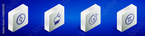 Set Isometric line Lightning bolt, Cloud with rain and moon, Moon stars and Kelvin icon. Vector