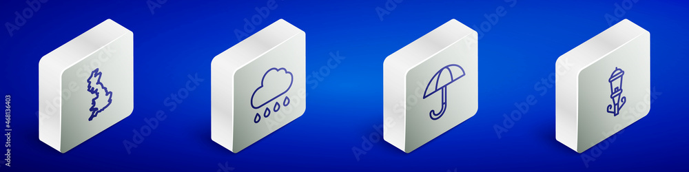 Set Isometric line England map, Cloud with rain, Umbrella and Vintage street light icon. Vector Set Isometric line England map, Cloud with rain, Umbrella and Vintage street light icon. Vector