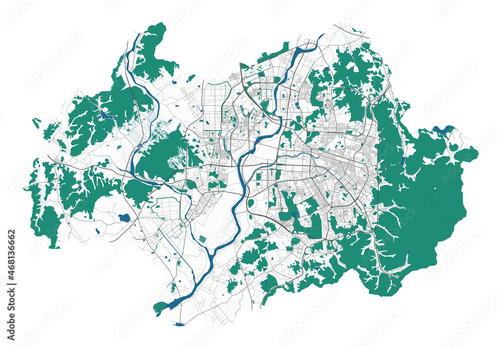 Gwangju vector map. Detailed map of Gwangju city administrative area. Cityscape urban panorama.