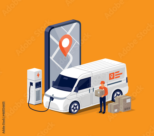Fast delivery electric van parcel mail service with tracking smartphone mobile phone map app on screen. Cargo shipping truck vehicle charging with man holding box package gift. Express freight supply.