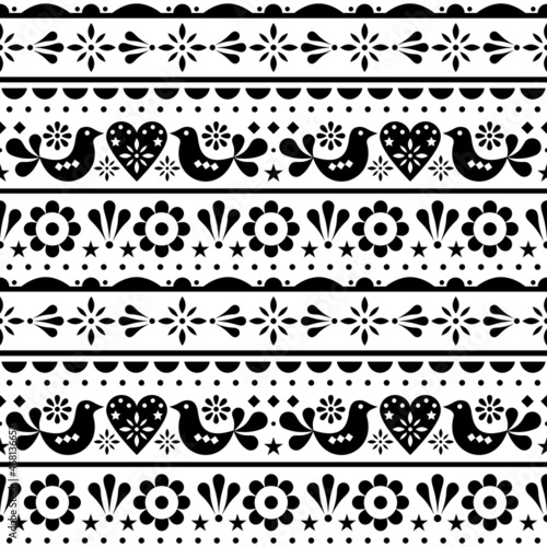 Scandinavian style folk seamless vector pattern with hearts, birds and flowers in black and white
