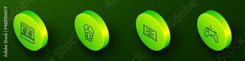 Set Isometric line Shooting gallery, Popcorn box, Ticket and Gamepad icon. Vector