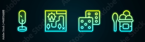Set line Tree, Amusement park map, Game dice and Ice cream in bowl. Glowing neon icon. Vector