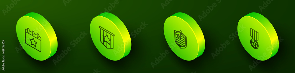 Set Isometric line Calendar with date July 4, American flag, Shield stars and Medal icon. Vector