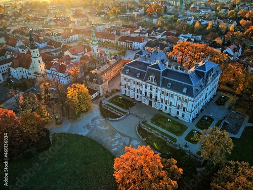 sunrise over the park and the palace in Pszczyna on an autumn morning