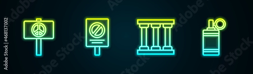Set line Peace, Protest, Prison window and Hand grenade. Glowing neon icon. Vector