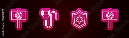 Set line Peace, Walkie talkie, Police badge and Protest. Glowing neon icon. Vector