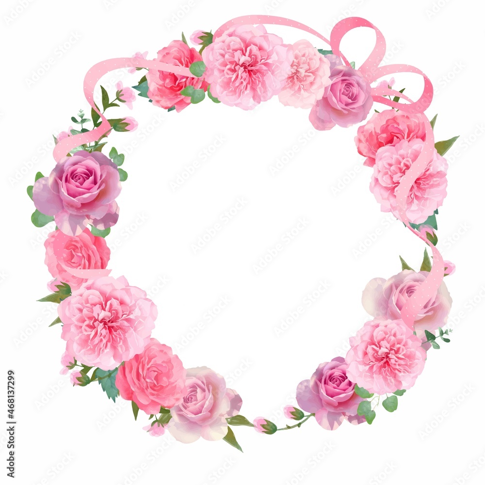美しい色使いのピンクの薔薇の花と水玉リボンと植物の白バックリースのフレームイラスト素材
