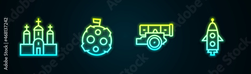 Set line Church building, Moon with flag, Cannon and Rocket ship. Glowing neon icon. Vector