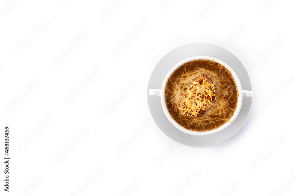 Traditional french onion soup isolated on white background. Top view. Copy space Traditional french onion soup isolated on white background. Top view. Copy space