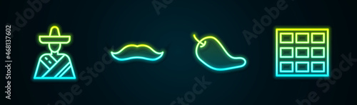 Set line Mexican man sombrero, Mustache, Hot chili pepper pod and Chocolate bar. Glowing neon icon. Vector
