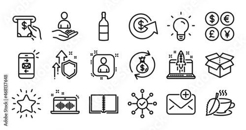 Book, Start business and Developers chat line icons set. Secure shield and Money currency exchange. New mail, Mint tea and Open box icons. Mail, Light bulb and Survey check signs. Vector
