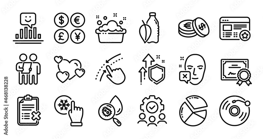Heart, Hand washing and Teamwork line icons set. Secure shield and Money currency exchange. Reject checklist, Savings and Smile icons. Freezing click, Pie chart and Vinyl record signs. Vector Heart, Hand washing and Teamwork line icons set. Secure shield and Money currency exchange. Reject checklist, Savings and Smile icons. Freezing click, Pie chart and Vinyl record signs. Vector
