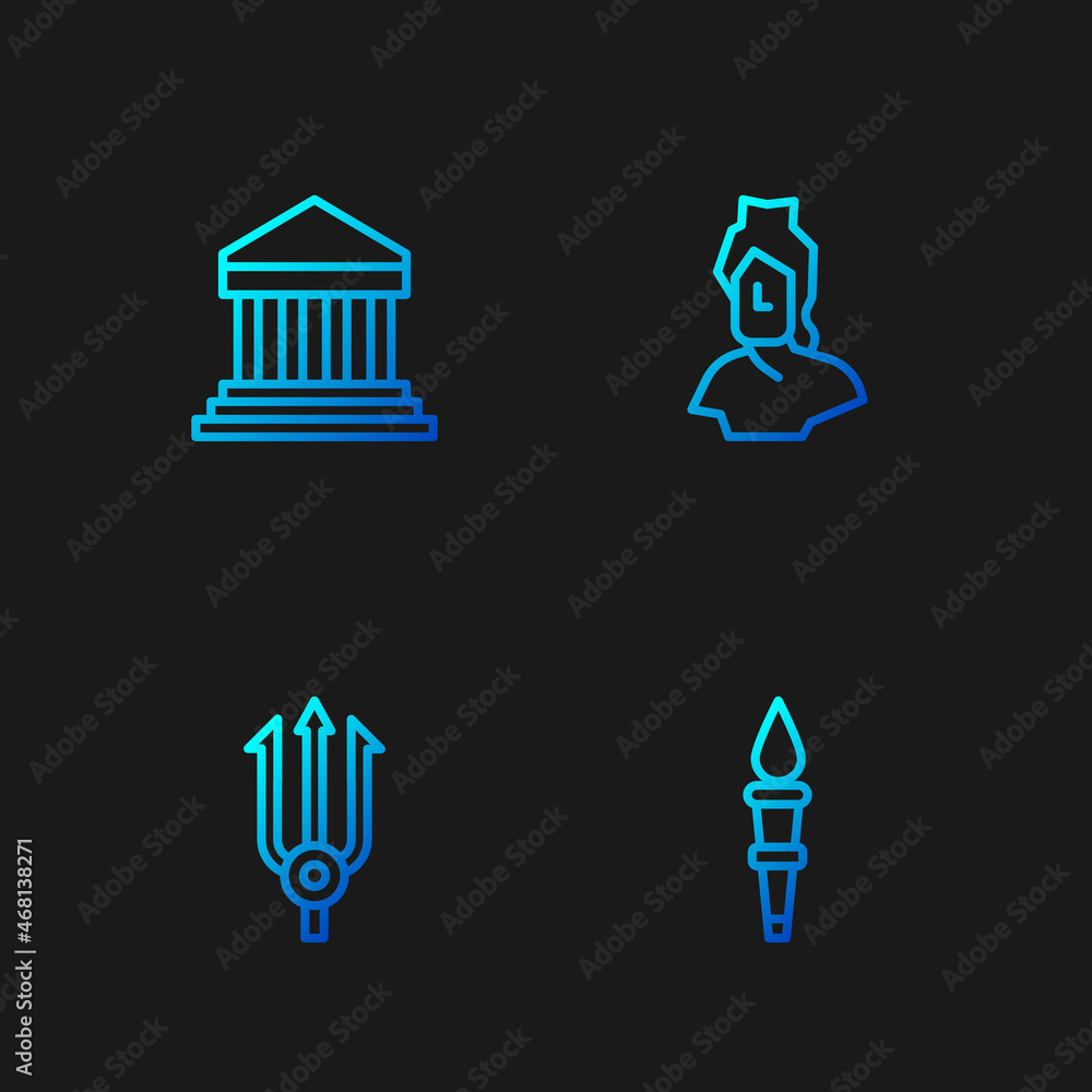 Set line Torch flame, Neptune Trident, Parthenon and Ancient bust sculpture. Gradient color icons. Vector