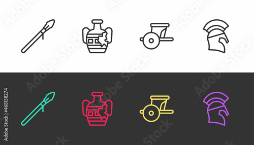Set line Medieval spear, Broken amphorae, Ancient chariot and Greek helmet on black and white. Vector