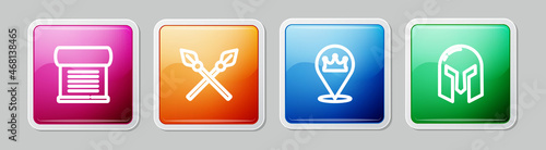 Set line Decree, parchment, scroll, Crossed medieval spears, Location king crown and Medieval iron helmet. Colorful square button. Vector