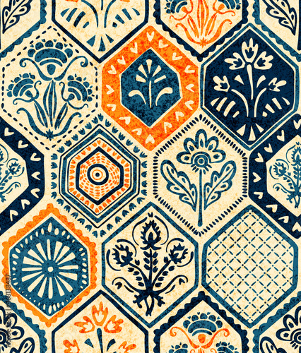 Hexagon tiles seamless pattern. Grunge texture. Ethnic and tribal motifs. Handmade. Patchwork print. Vector illustration.