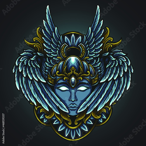 artwork illustration and t shirt design angel head and wing engraving ornament