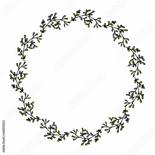 Round frame with positive cute green branches on white background. Vector image.