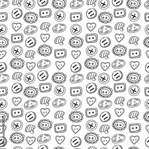 Seamless pattern of elements on a white background. Different buttons, different sizes. Handmade. Doodle style vector.