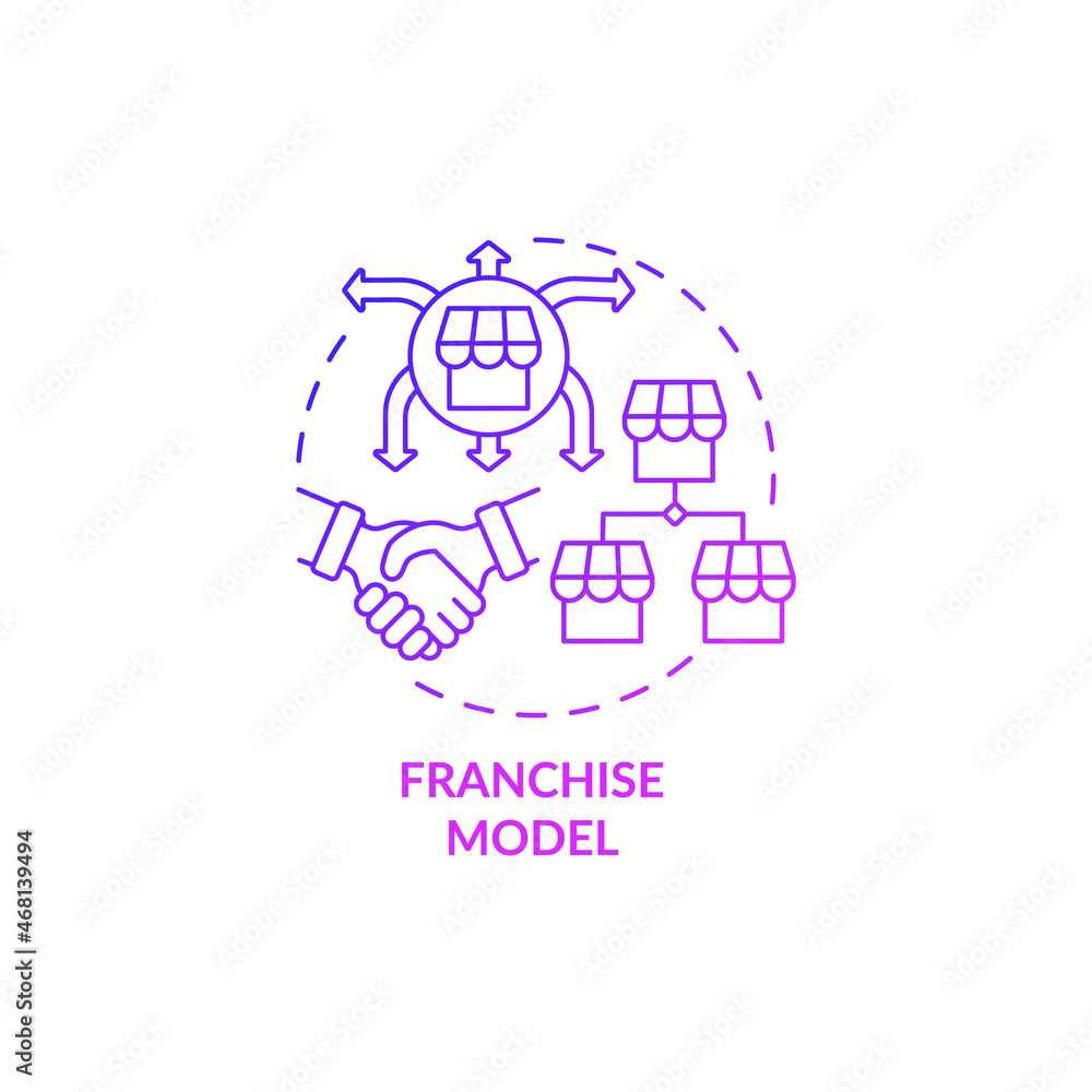 Franchise model purple gradient concept icon. Expanding company internationaly. Trade with partner. Business model abstract idea thin line illustration. Vector isolated outline color drawing Franchise model purple gradient concept icon. Expanding company internationaly. Trade with partner. Business model abstract idea thin line illustration. Vector isolated outline color drawing
