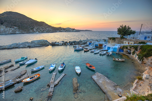 The picturesque fishing village of Mandrakia at sunset, Milos, Greece