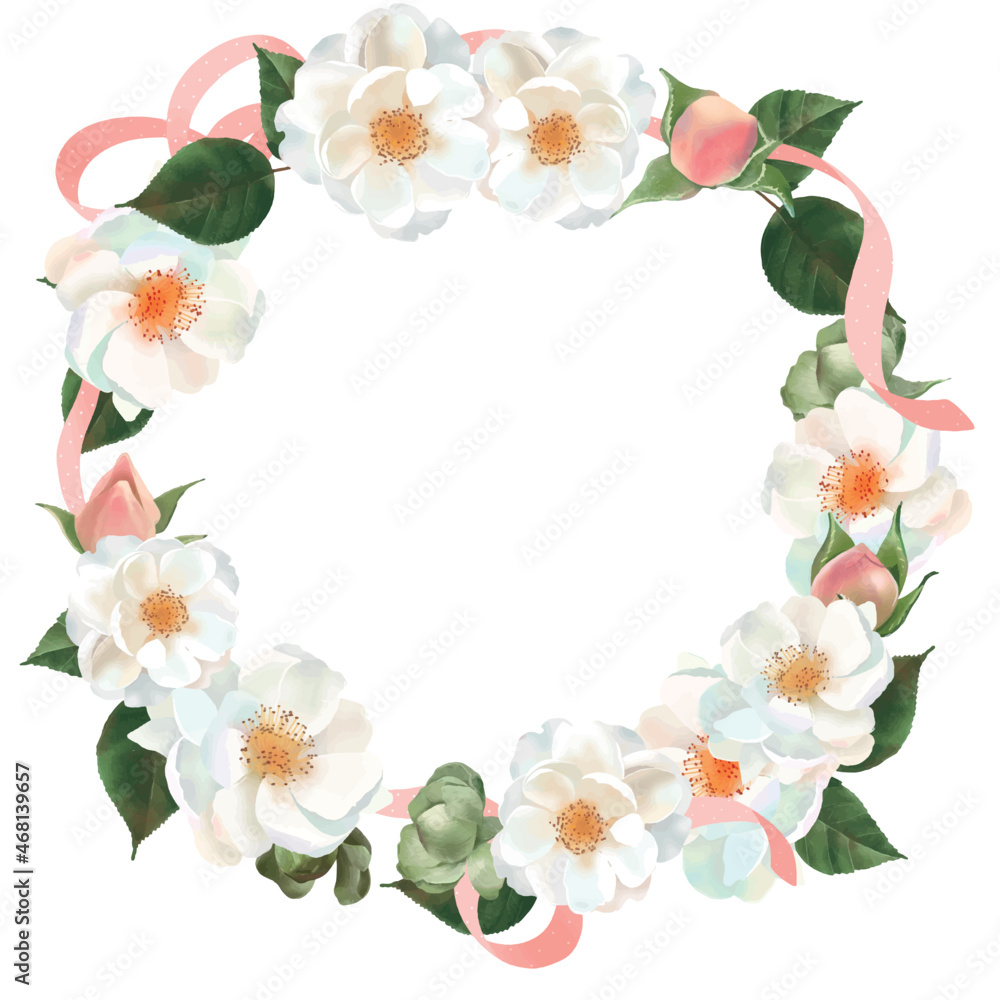 水玉模様のリボンのついた白い薔薇の花とピンクのつぼみと植物のリース白バックフレームイラスト素材 Stock Vector Adobe Stock