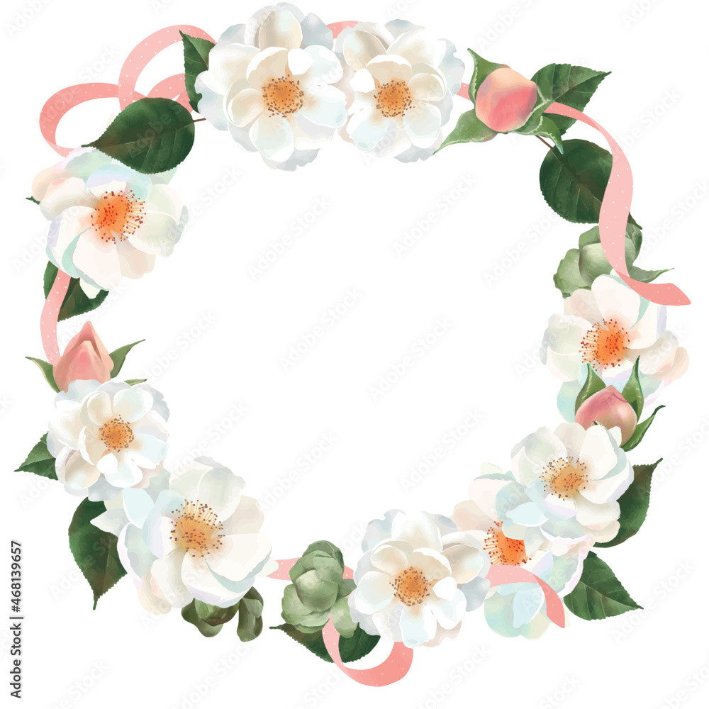 水玉模様のリボンのついた白い薔薇の花とピンクのつぼみと植物のリース白バックフレームイラスト素材 Stock Vector Adobe Stock 水玉模様のリボンのついた白い薔薇の花とピンクのつぼみと植物のリース白バックフレームイラスト素材 Stock Vector Adobe Stock